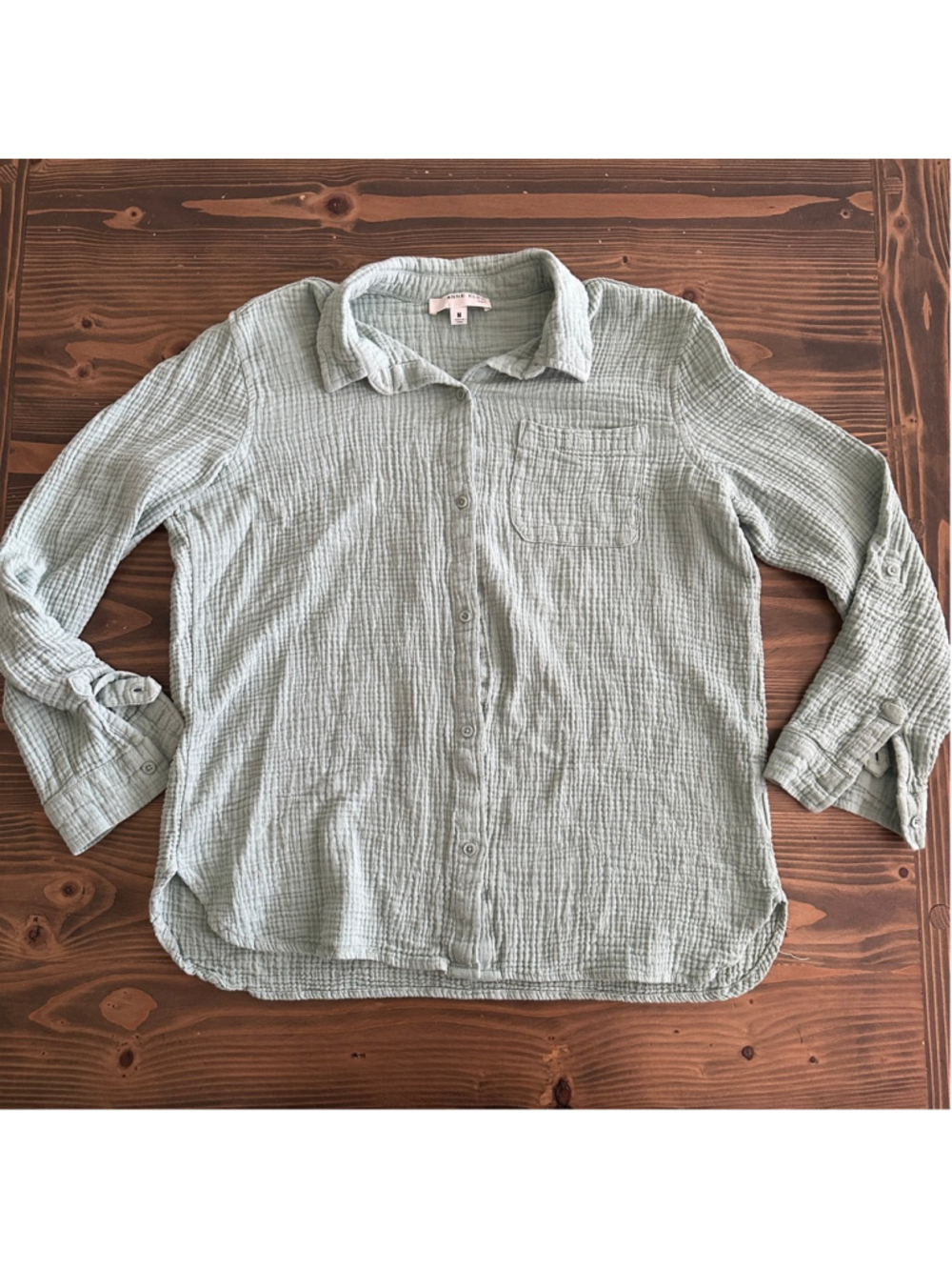 Women’s Anne Klein Light Green Button-Down Shirt M 100% Cotton Crinkle Fabric
